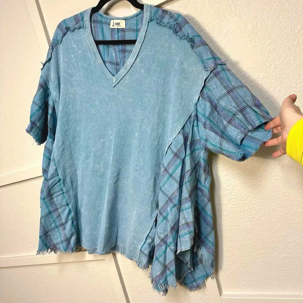 J. Her Plaid Mineral Wash Mixed Media Boho Lagenlook Top Small Oversized V-Neck - Picture 3 of 7